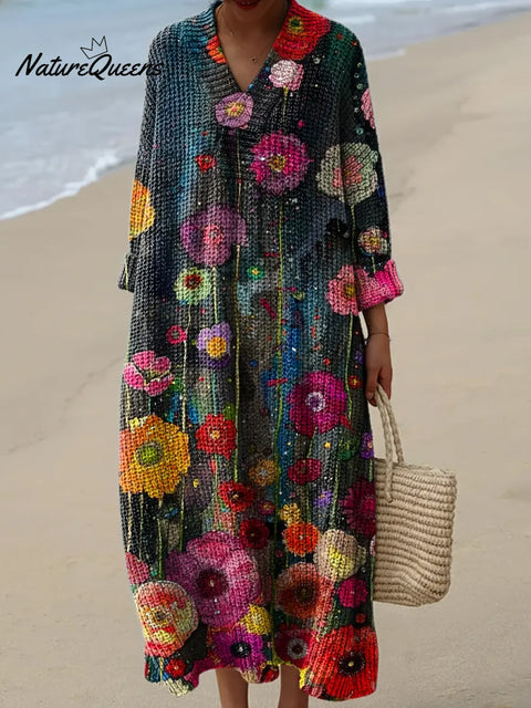 Floral Art Print Knitted V-neck Dress