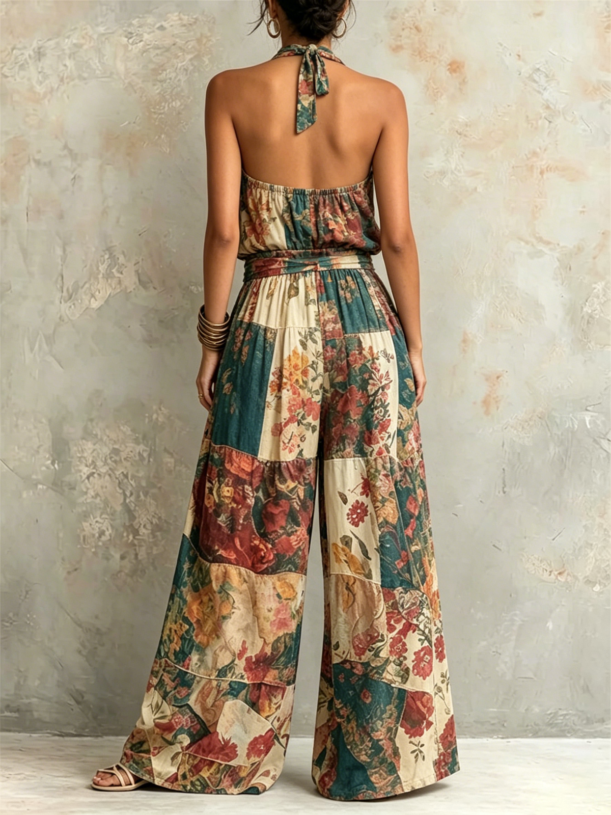 Retro Patchwork Floral Halter-neck Sleeveless Top + Elastic-waist Wide-leg Cotton-linen Pants Two-piece Set