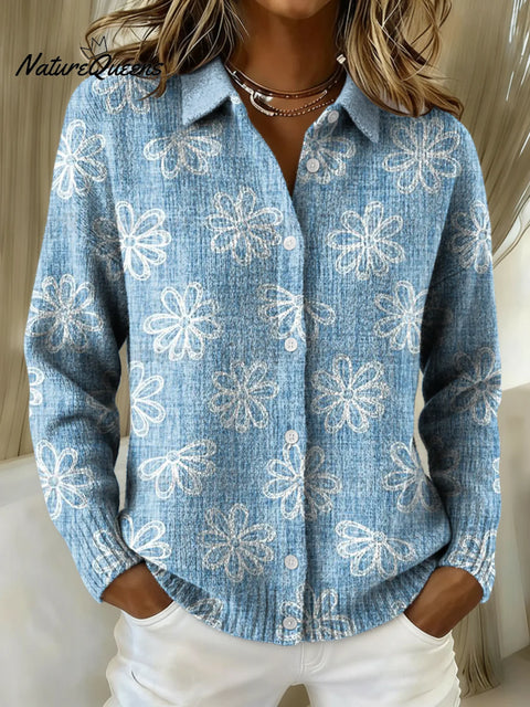 Women's Simple Blue Flowers Pattern Print Cowl Neck Sweater