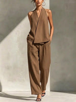 Women's Minimalist Halter V-neck Sleeveless Top With Wide-leg Cotton-linen Set