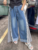 Women's Color-blocked High-waisted Casual Denim Wide-leg Pants