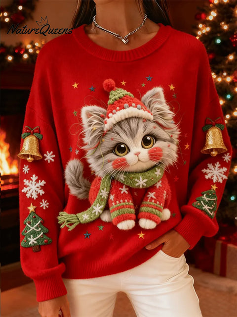 Women's Cute Christmas Cat Art Print Casual Sweater