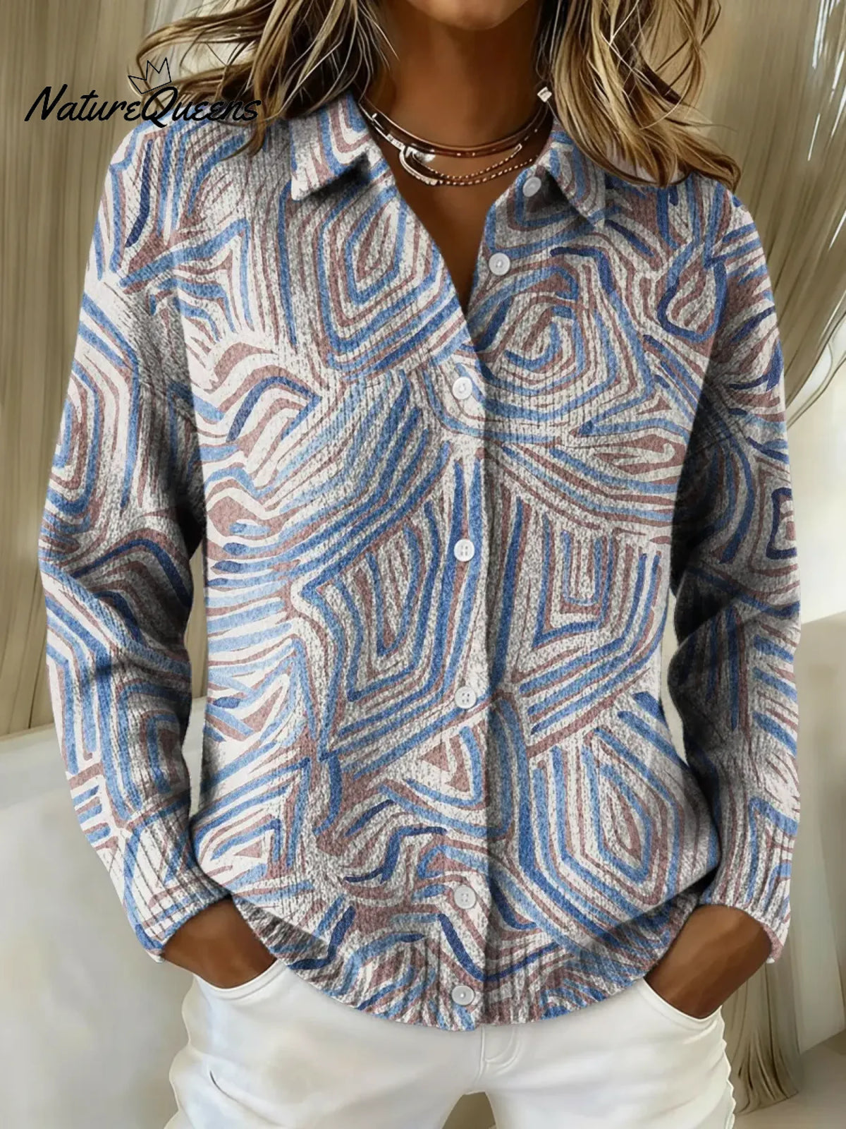 Women's Abstract Stripes Printed Collared Sweater