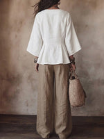Women's Fitted Waist V-neck Top And Wide-leg Pants Cotton Linen Set