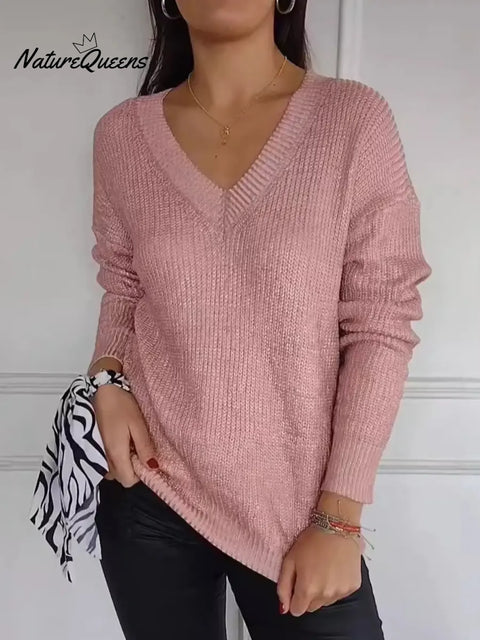 Women's Solid Color V-Neck Long Sleeve Casual Loose Knit Top