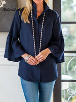 Women's Solid Color Lapel 3/4 Sleeve Casual Loose Cotton And Linen Shirt