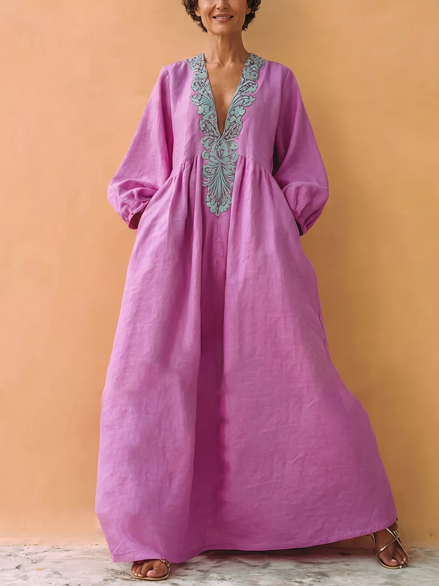Boho Artistic Print Cotton-linen Maxi Dress