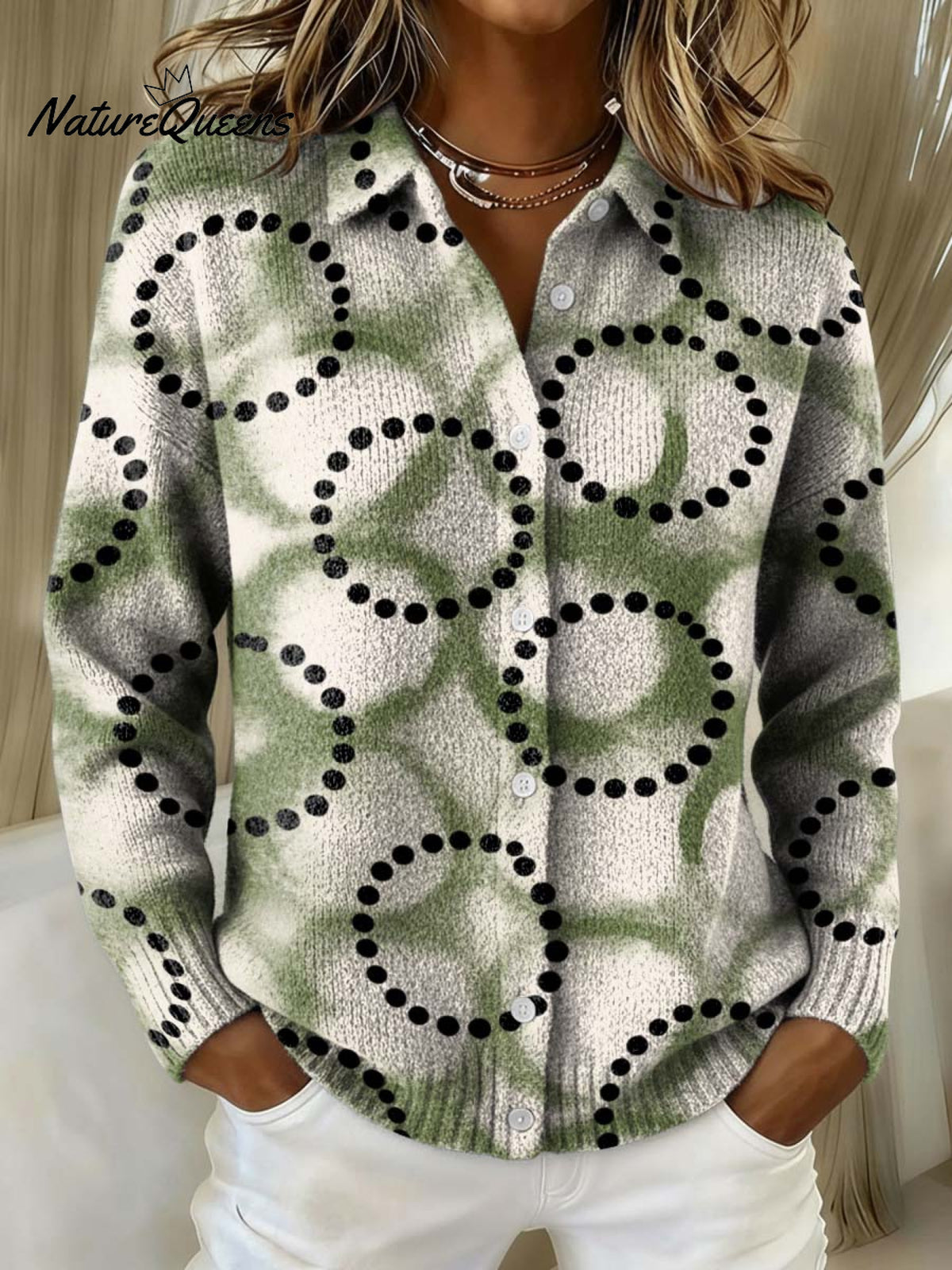 Geometric Circular Decorative Pattern Casual Shirt Collar Long Sleeve Sweater