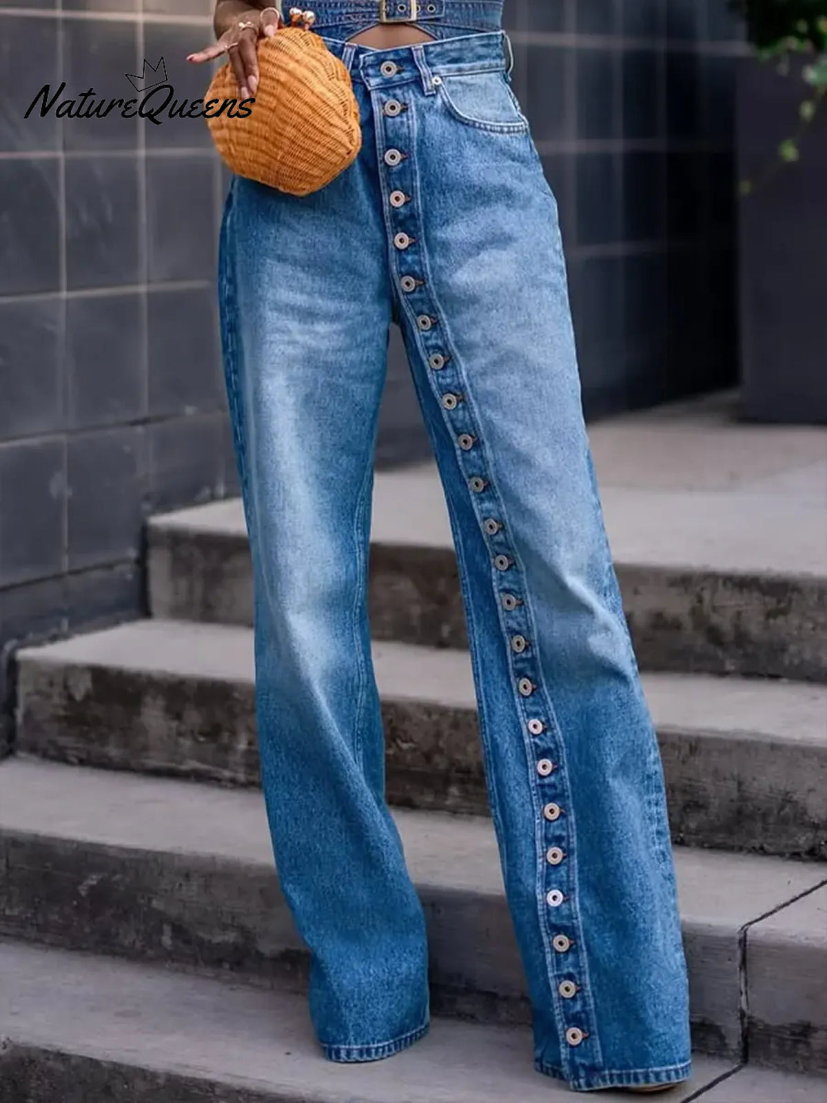Women's high-waisted button-down casual wide-leg jeans
