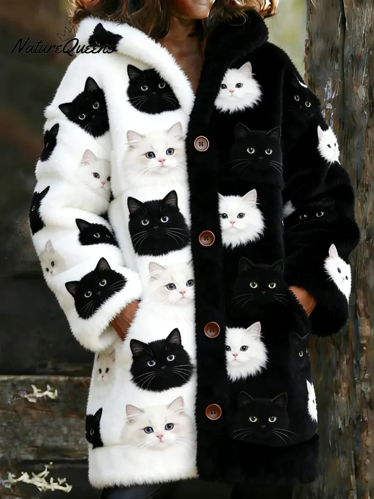 Women's Funny Cats Pattern Art Print Casual Fleece Coat