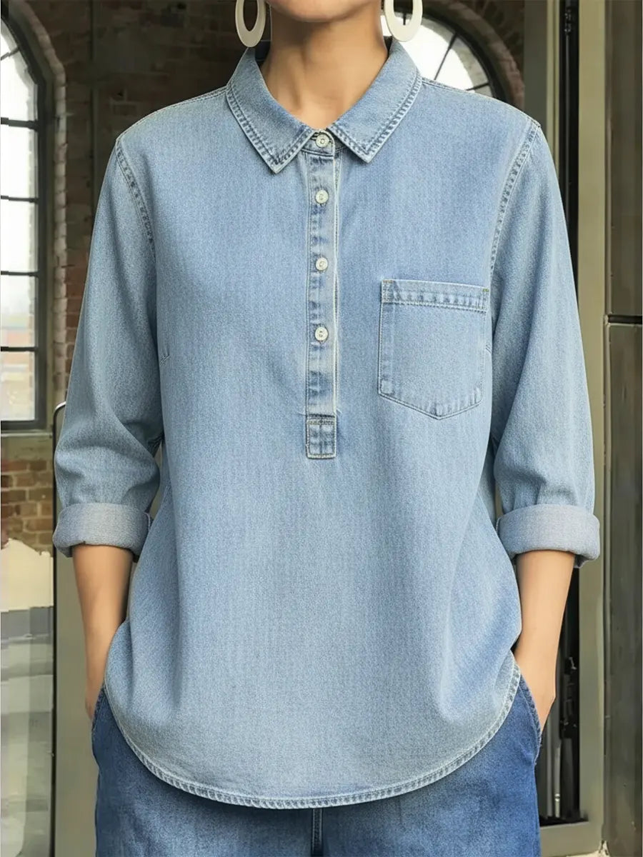 Women's Casual Washed Cotton Denim Shirt