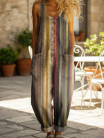 Women's Retro Lines Print Casual Denim Jumpsuit