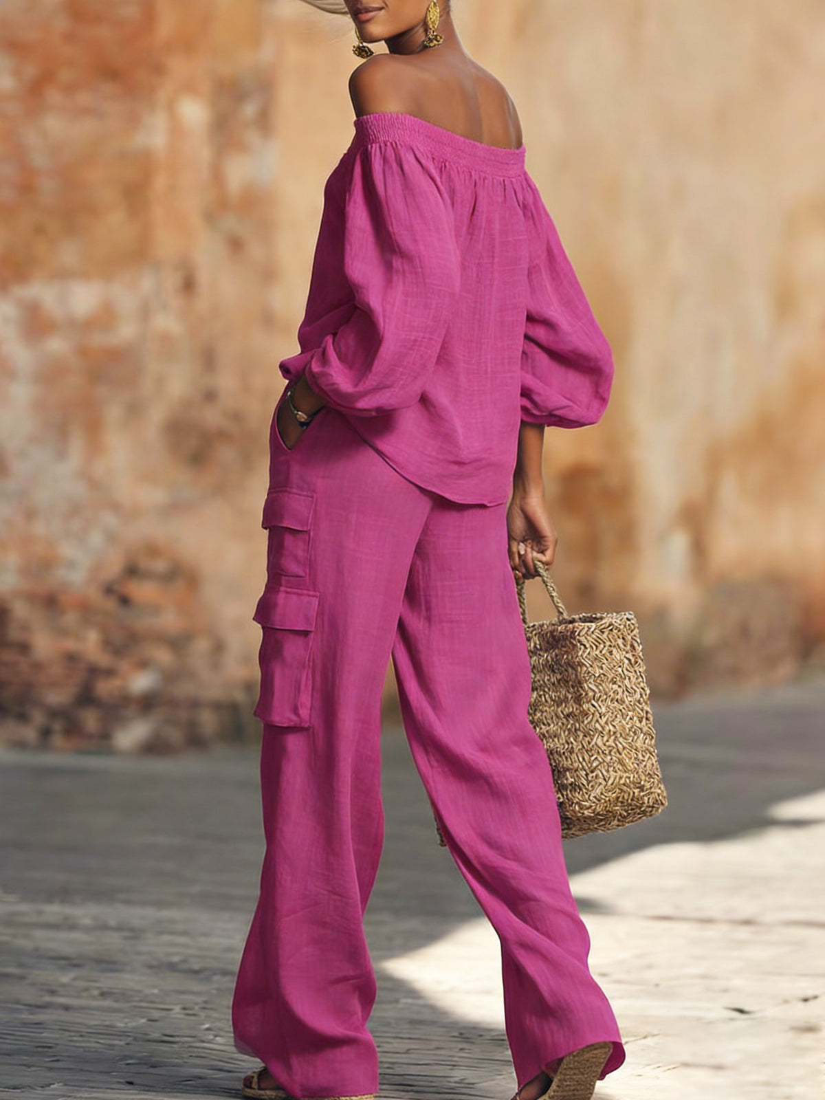 Cozy Relaxed Linen-cotton Top And Work Pants Two-piece Set