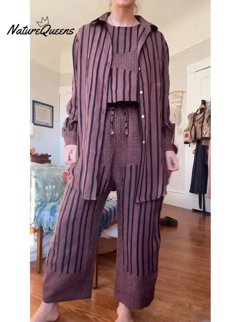 Women's Casual Plaid And Striped Patchwork Cotton And Linen Shirt, Vest And Pants Three-piece Set