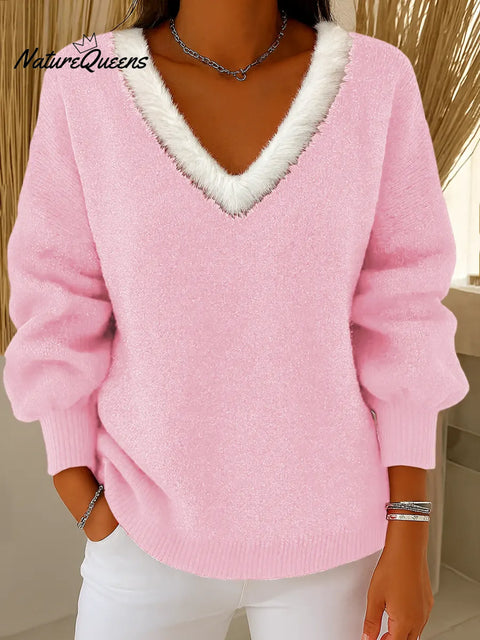 Women's V-neck Long Sleeve Casual Loose Knit Pullover