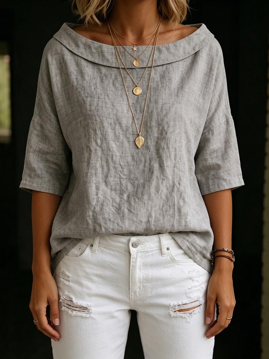 Minimalist Retro Boat-neck Cotton-linen Blouse