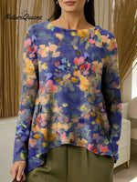 Women's Flowers Colorful Round Neck Casual Print Long-sleeved Ruched T-shirt