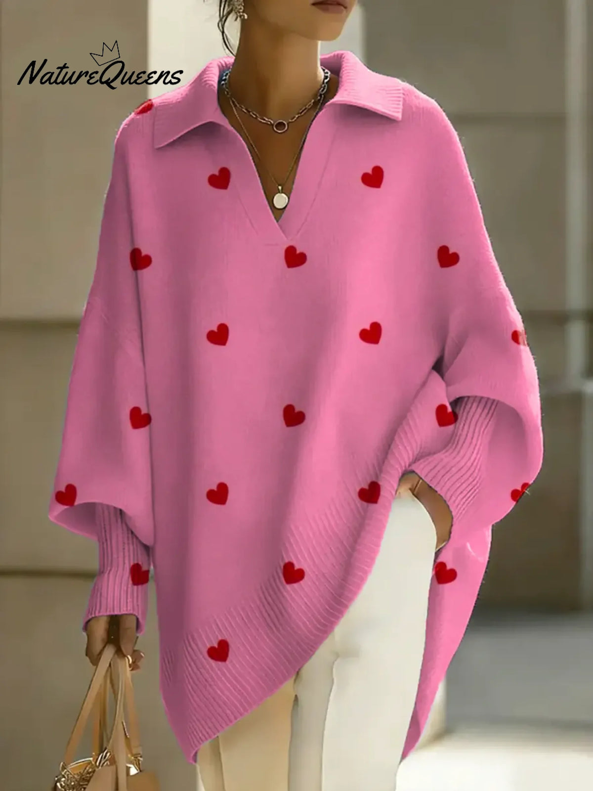 Women's Valentine's Day Heart Art Print Casual Knit Sweater