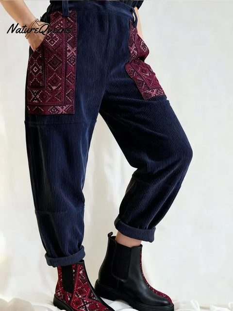 Women's Retro Print Patchwork Corduroy Pants