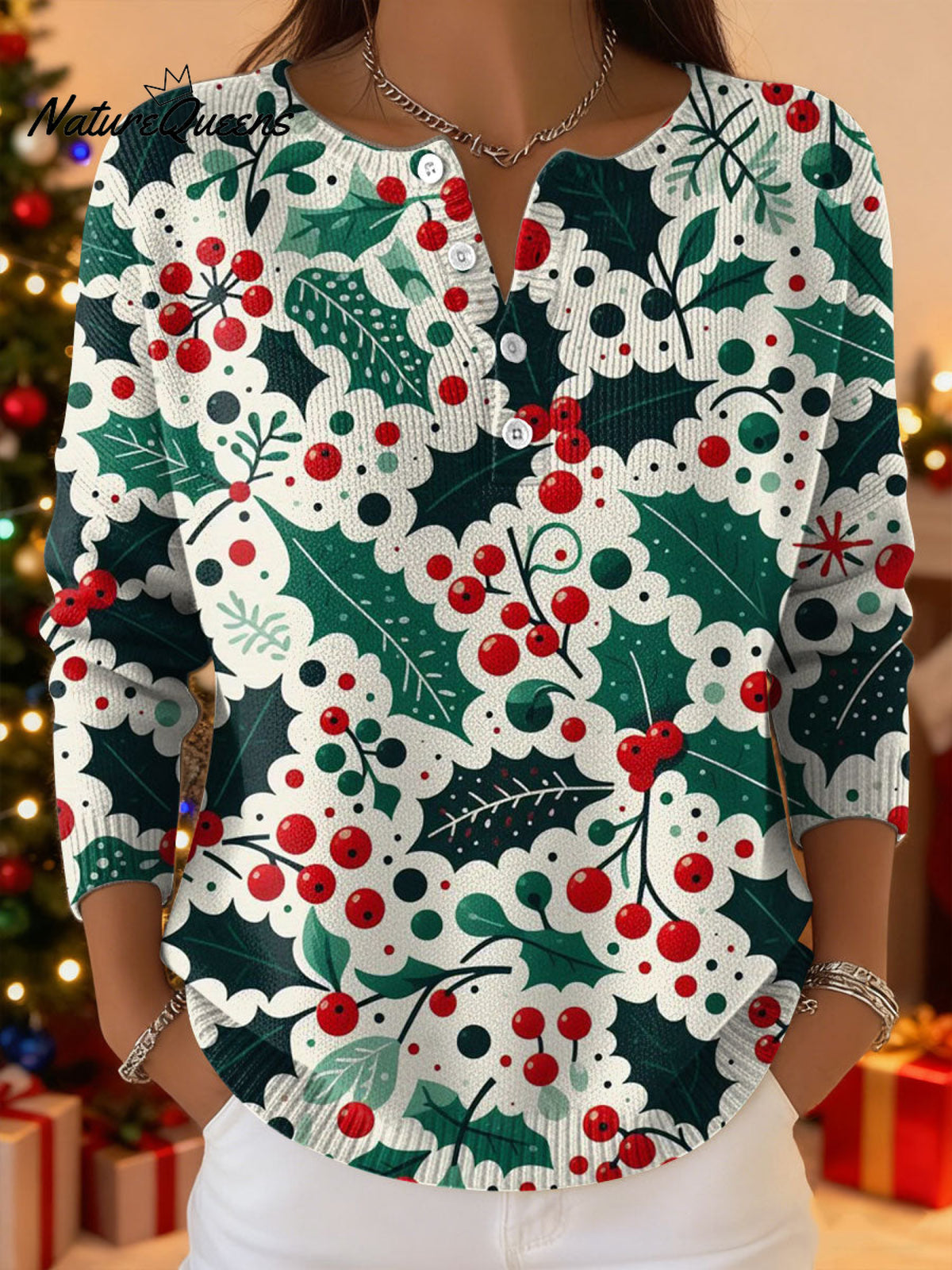 Women's Christmas Trees Pattern Art Print Buttoned Cardigan Sweater