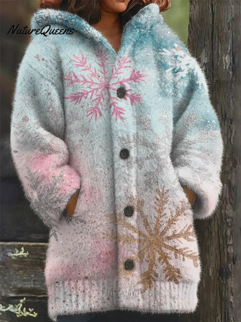 Women's Snowflake Pattern Art Print Casual Fleece Coat