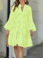 Women's Solid-color V-neck Loose-fit Dress With Embroidery And Cutout Lace