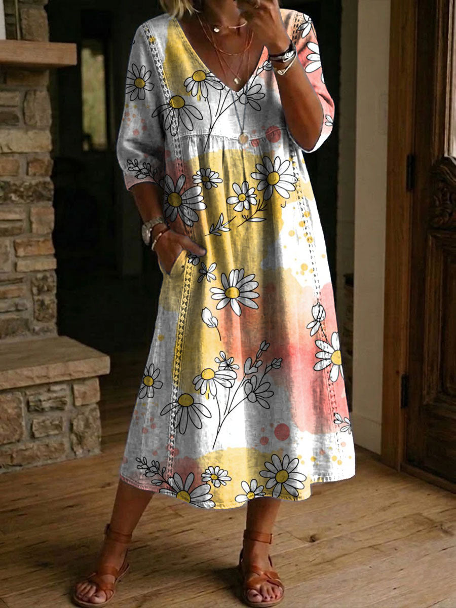 Women's Flower Print Casual Loose-fit Cotton-linen Dress With Lace Trim And Paneling