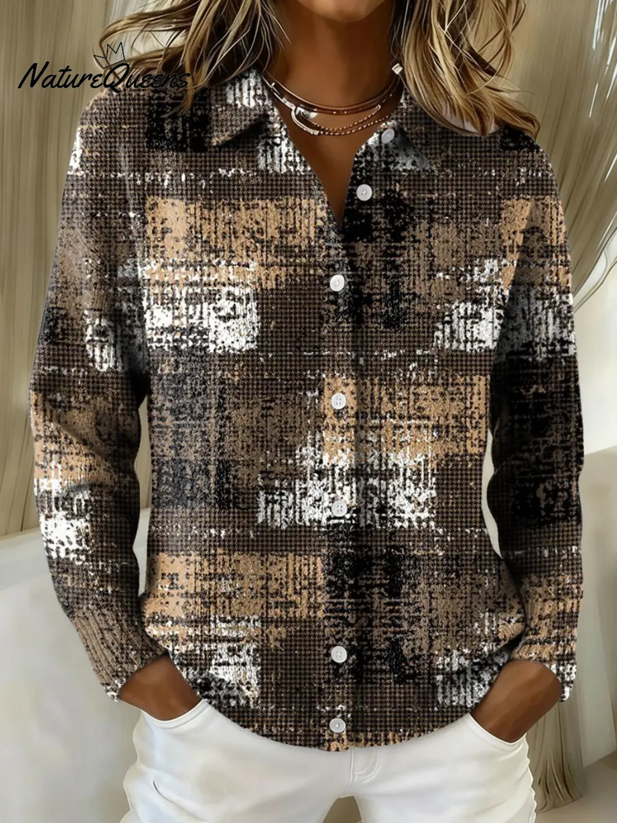 Women's Vintage Distressed Art Collared Sweater