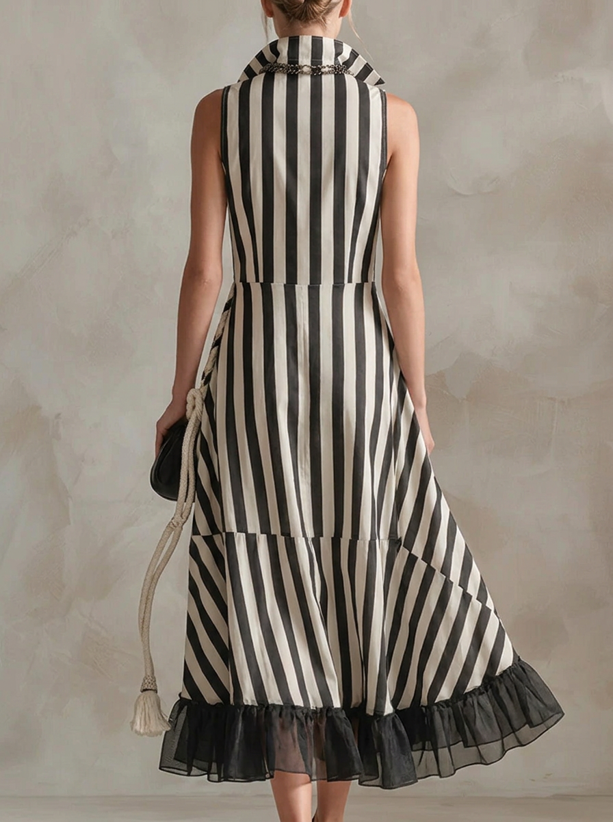 Fashionable Striped Chiffon Patchwork Sleeveless Linen Cotton Dress