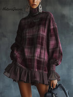 Women's Plaid Print High-neck Long-sleeved Casual Loose-fitting Cotton Linen Top