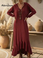 Boho Casual Loose-fitting Hooded Ruffled Hem Linen Dress