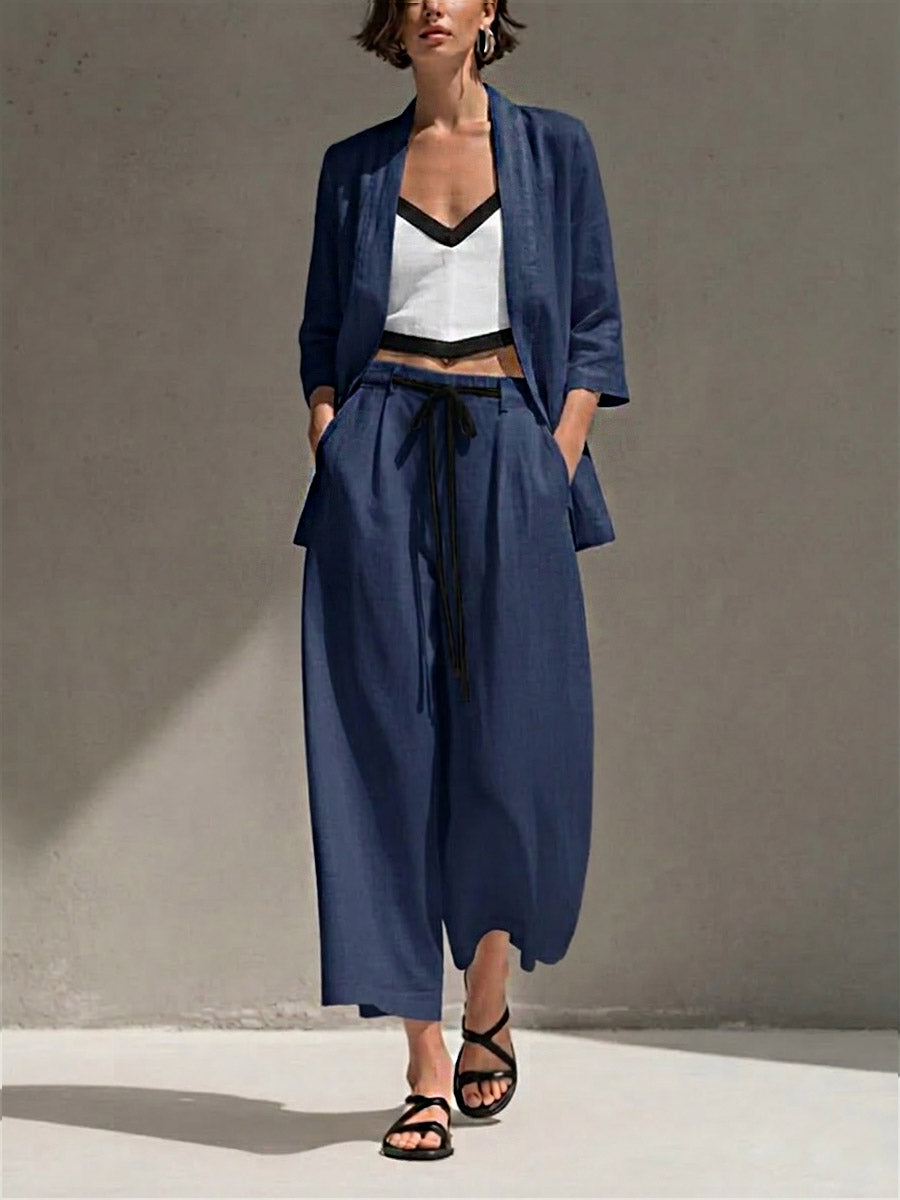 Women's Solid Color Casual Loose Cotton Linen Jacket V-neck Camisole Elastic Waist Drawstring Wide-leg Pants Cotton Linen Three-piece Set