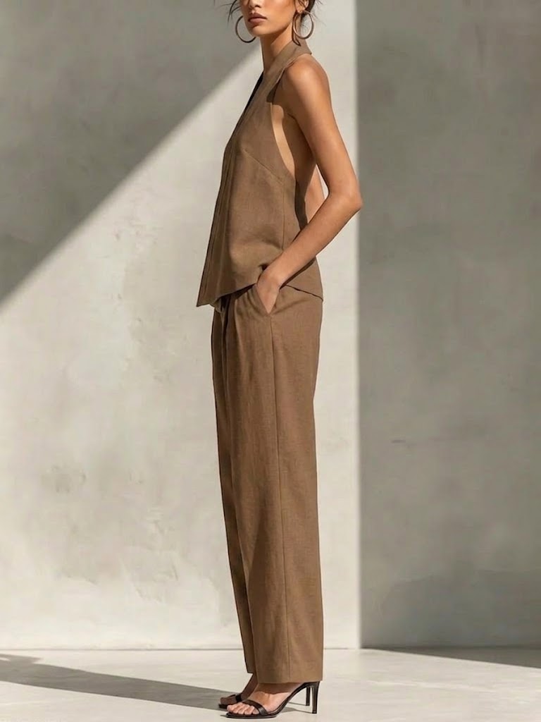 Women's Minimalist Halter V-neck Sleeveless Top With Wide-leg Cotton-linen Set