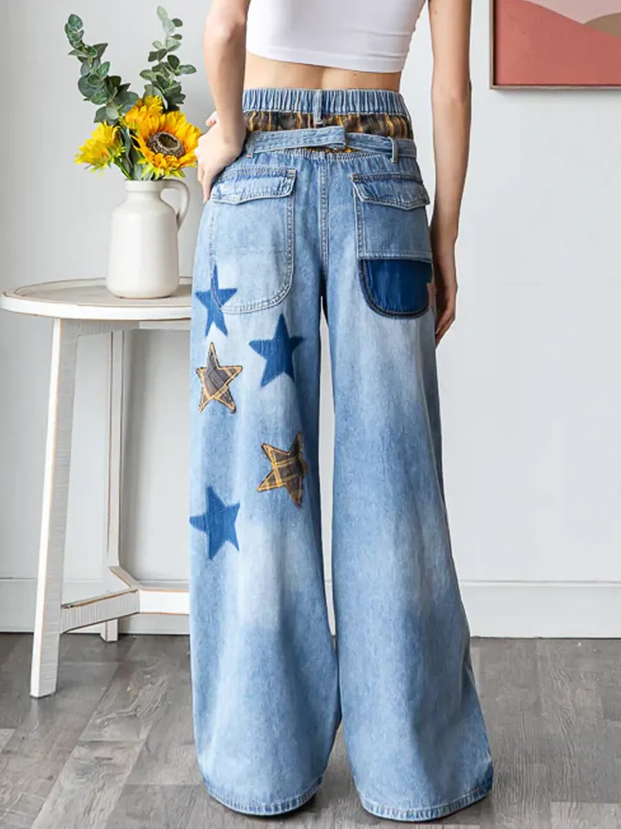 Women's Vintage Pattern Art Print Casual Cotton Denim Jeans