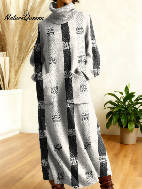 Women's Retro Geometry Stripes Color High-neck Long-sleeve Casual Loose Knit Dress