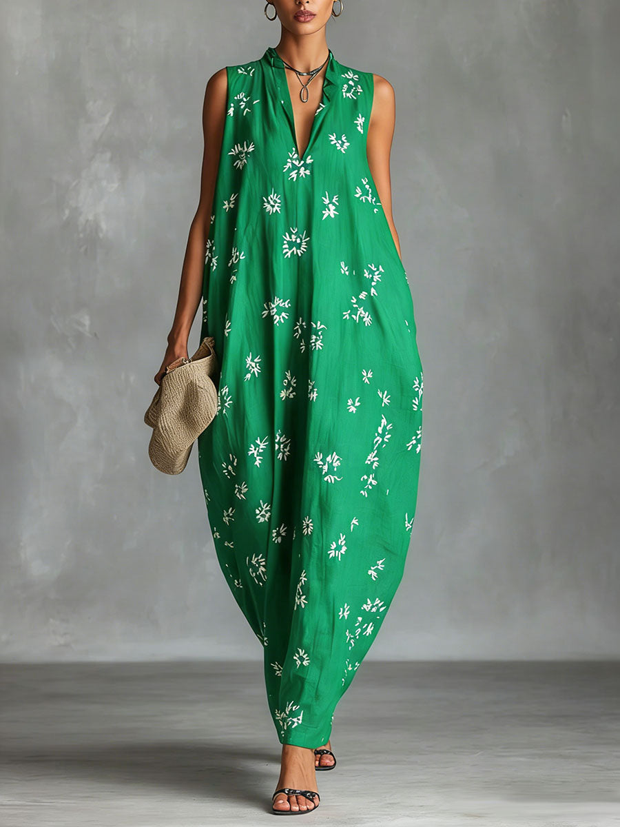 Women's V-neck Sleeveless Casual Loose Cotton Linen Dress