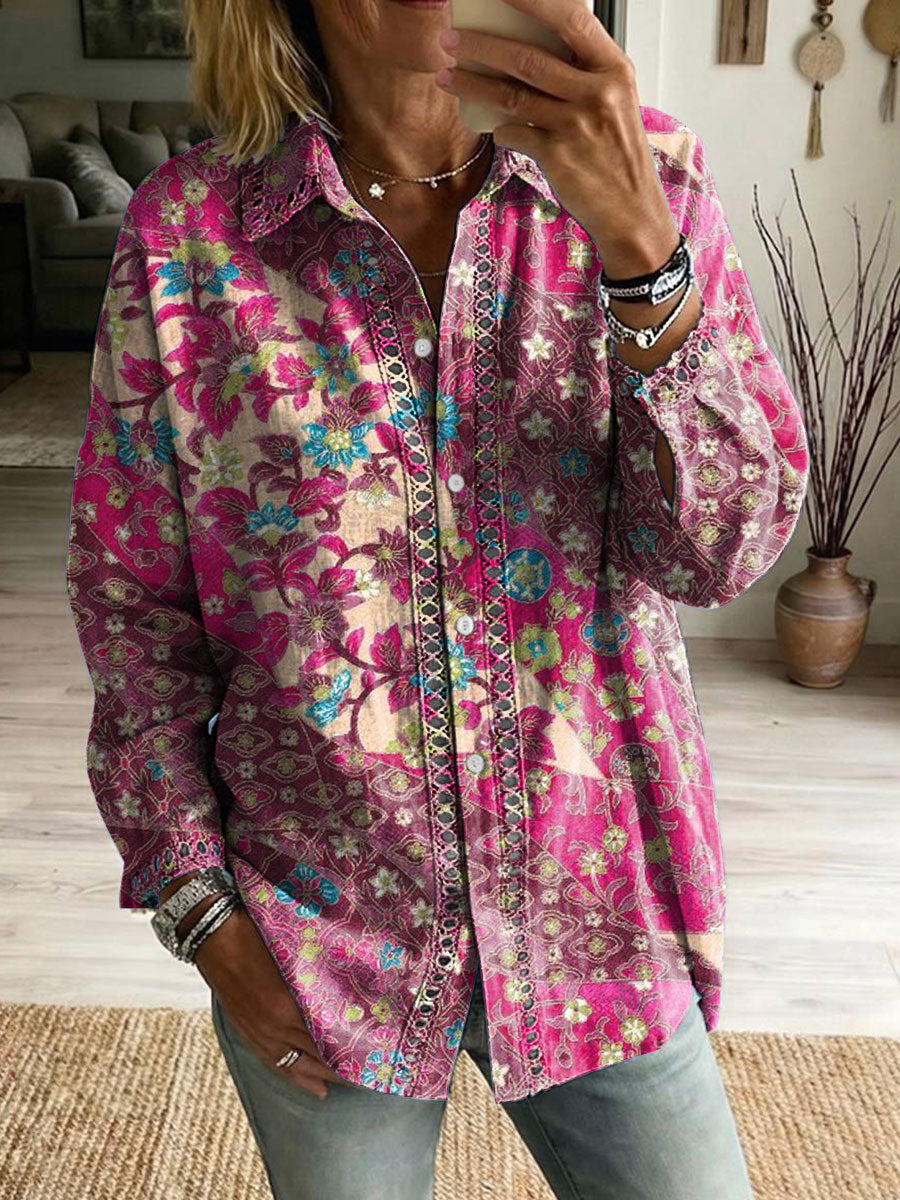 Floral Flowers Art Patterns Casual Patchwork Openwork Webbing Linen And Cotton Shirt
