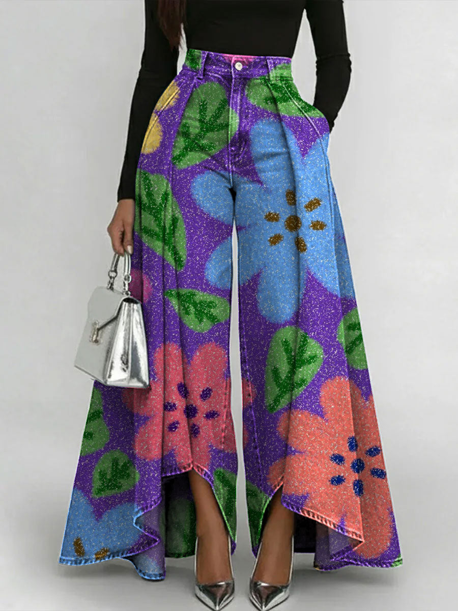 Women's Geometric Gradient Flowers Patchwork Print High-waisted Relaxed Wide-leg Jeans