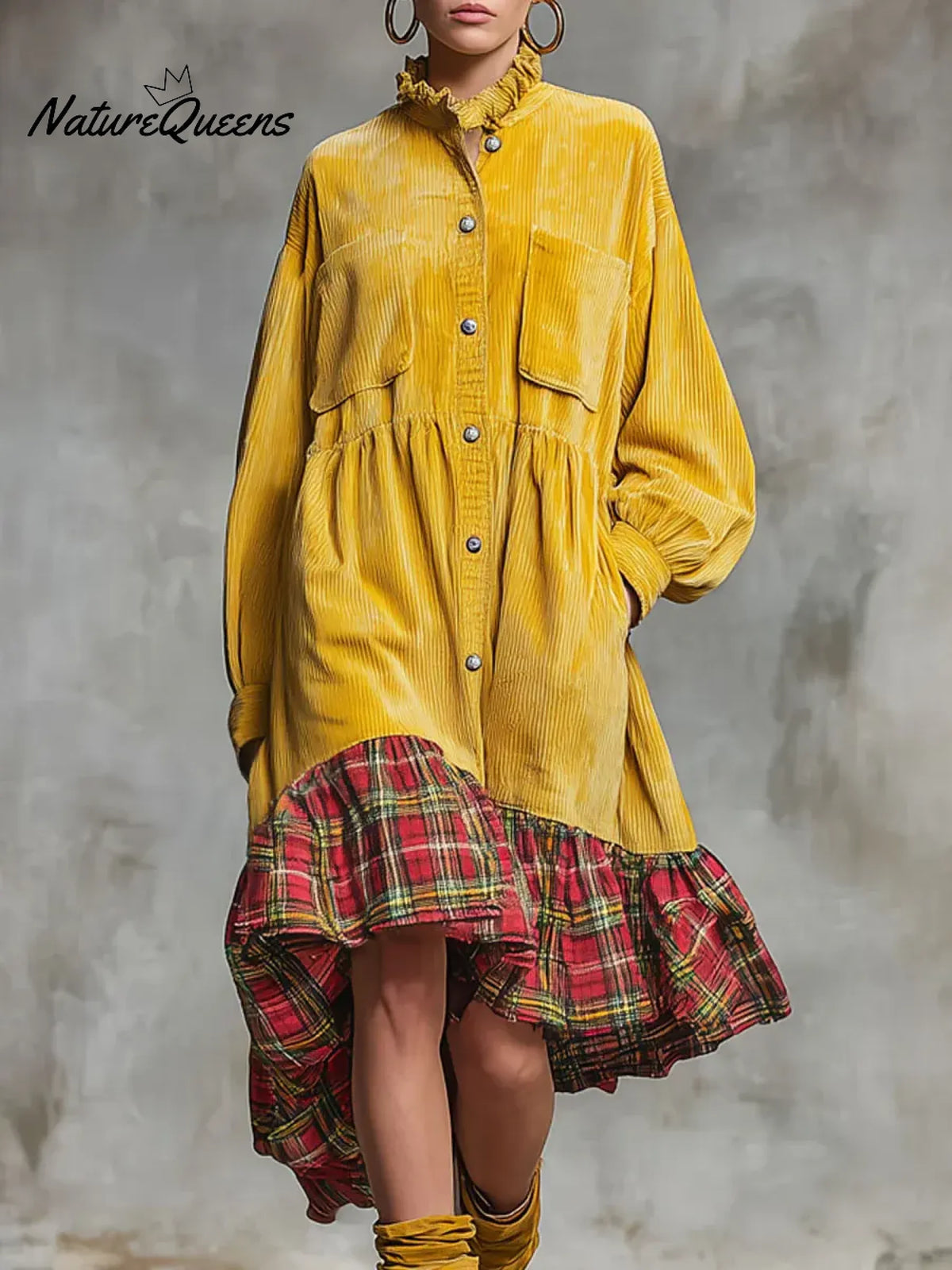 Women's Stand Collar Long Sleeve Plaid Print Casual Loose Corduroy Patchwork Dress