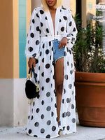 Women's Retro Polka Dot Art Print Casual Sheer Stylish Comfortable Long Shirt Dress