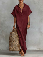 Women's Solid Color Collared Short-sleeved Casual Loose Linen Dress