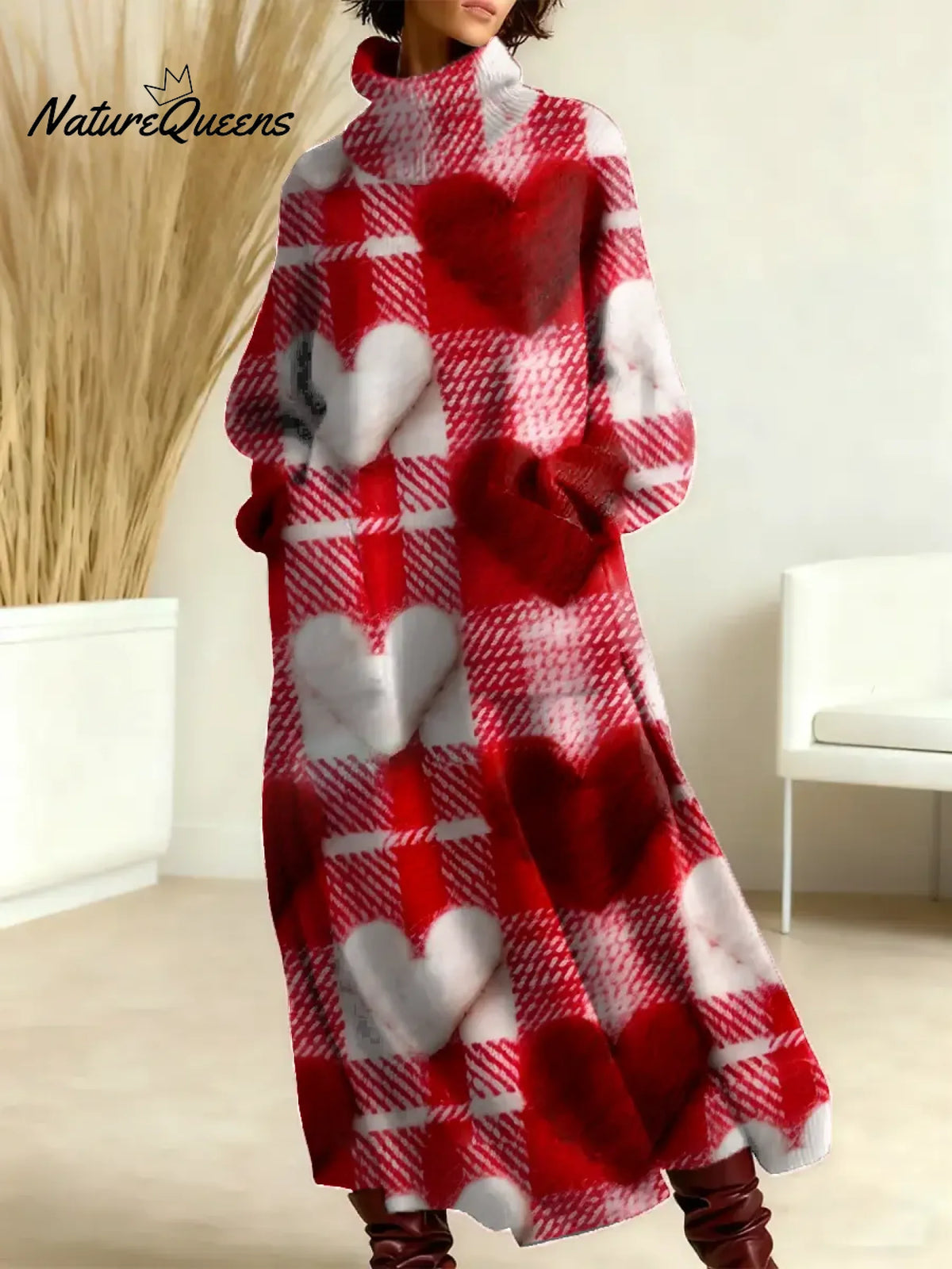 Women's Valentine's Day Heart Pattern Art Print Casual Cotton Knitted Dress