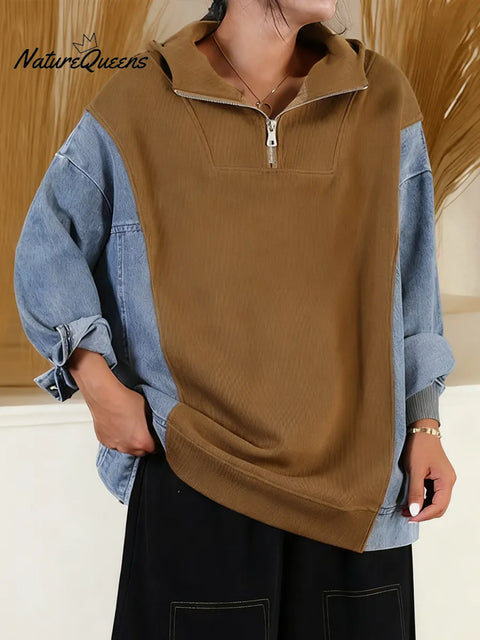 Women's Cardigan Collar Long Sleeve Casual Loose Denim Patchwork Knit Top