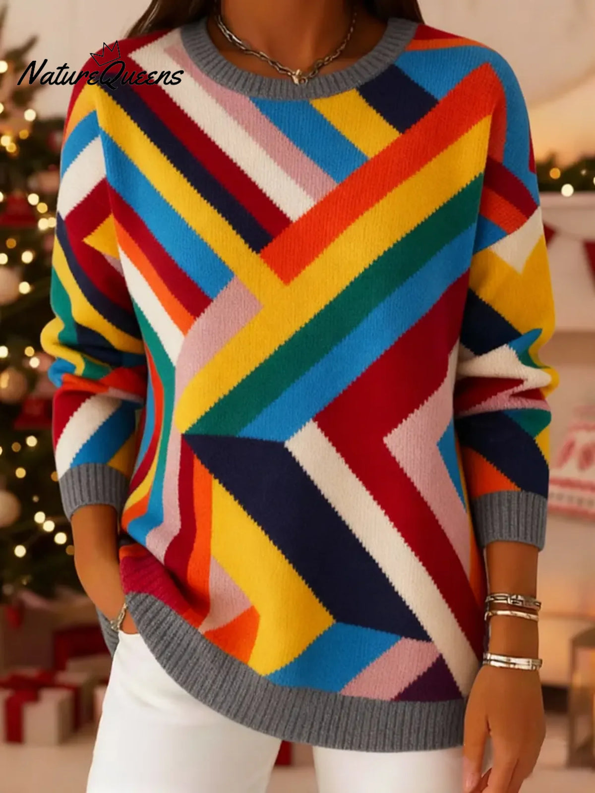 Women's Vintage Abstract Geometry Art Print Knit Pullover Sweater