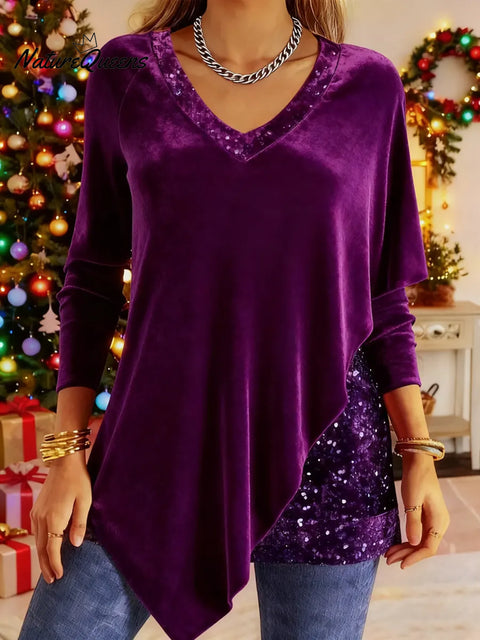 Women's Christmas Velvet and Shimmering Fabric Patchwork Top