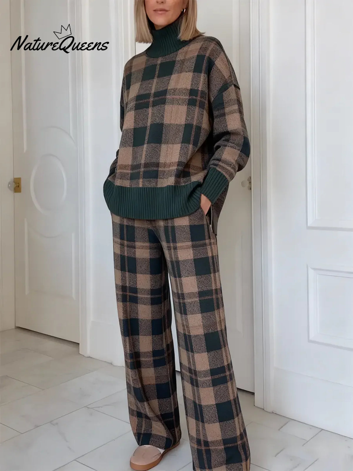 Women's Vintage PlaidArt Print Casual Knitted Cotton Top Pants Suit