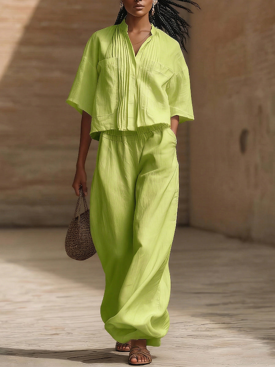 Casual Pleated Shirt & Wide-leg Pants Cotton Linen Two-piece Set
