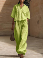 Casual Pleated Shirt & Wide-leg Pants Cotton Linen Two-piece Set