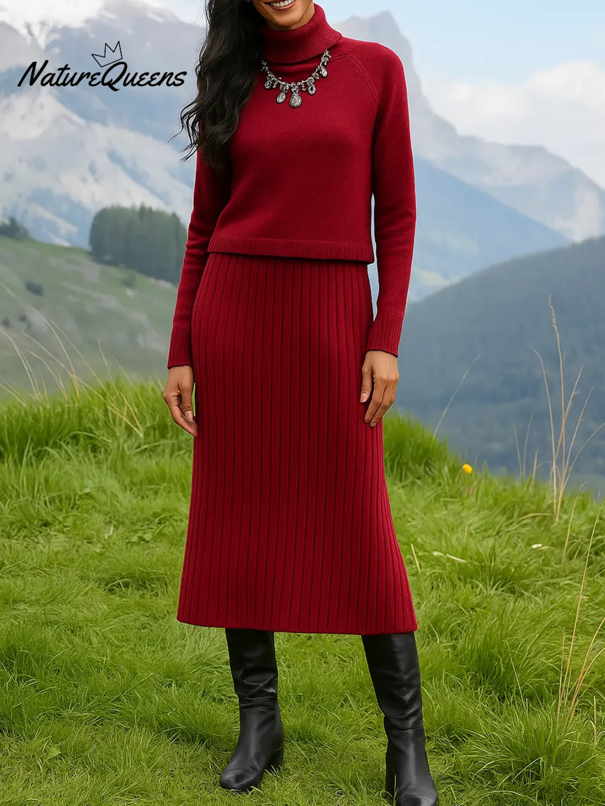 Women's Solid Color Turtleneck Knit Top and Vest Strap Knit Dress Set