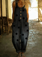 Artistic Polka Dot Print Button-up Denim Jumpsuit